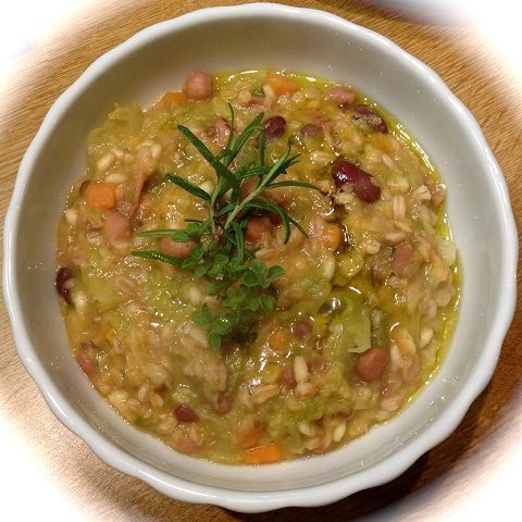 Spelled and barley soup with vegetables and dried