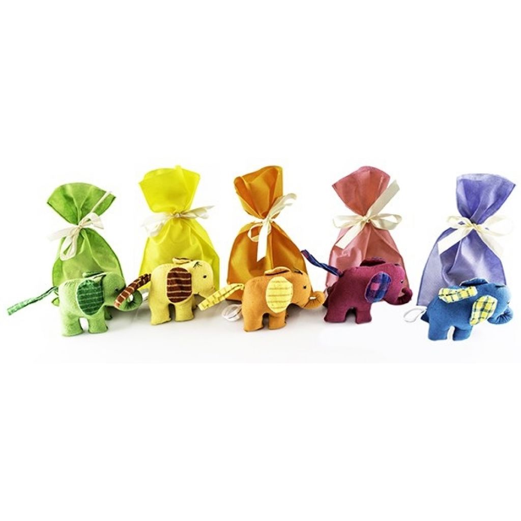 Campanelle di cioccolato fondente con pupazzo elefantino, sacchetto colorato e nastro