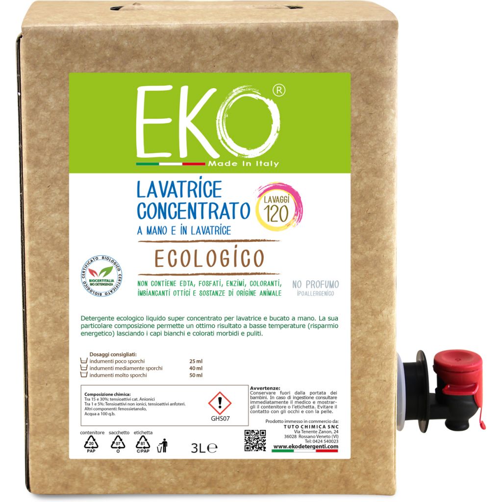 Eko detersivo ecologico lavatrice e bucato a mano SENZA PROFUMO Bag in box 3L