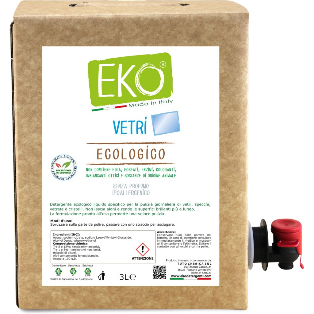 Eko detergente vetri ecologico SENZA PROFUMO Bag in box 3L