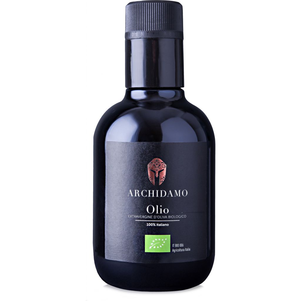 Organic extra virgin olive oil in a 250 ml bottle