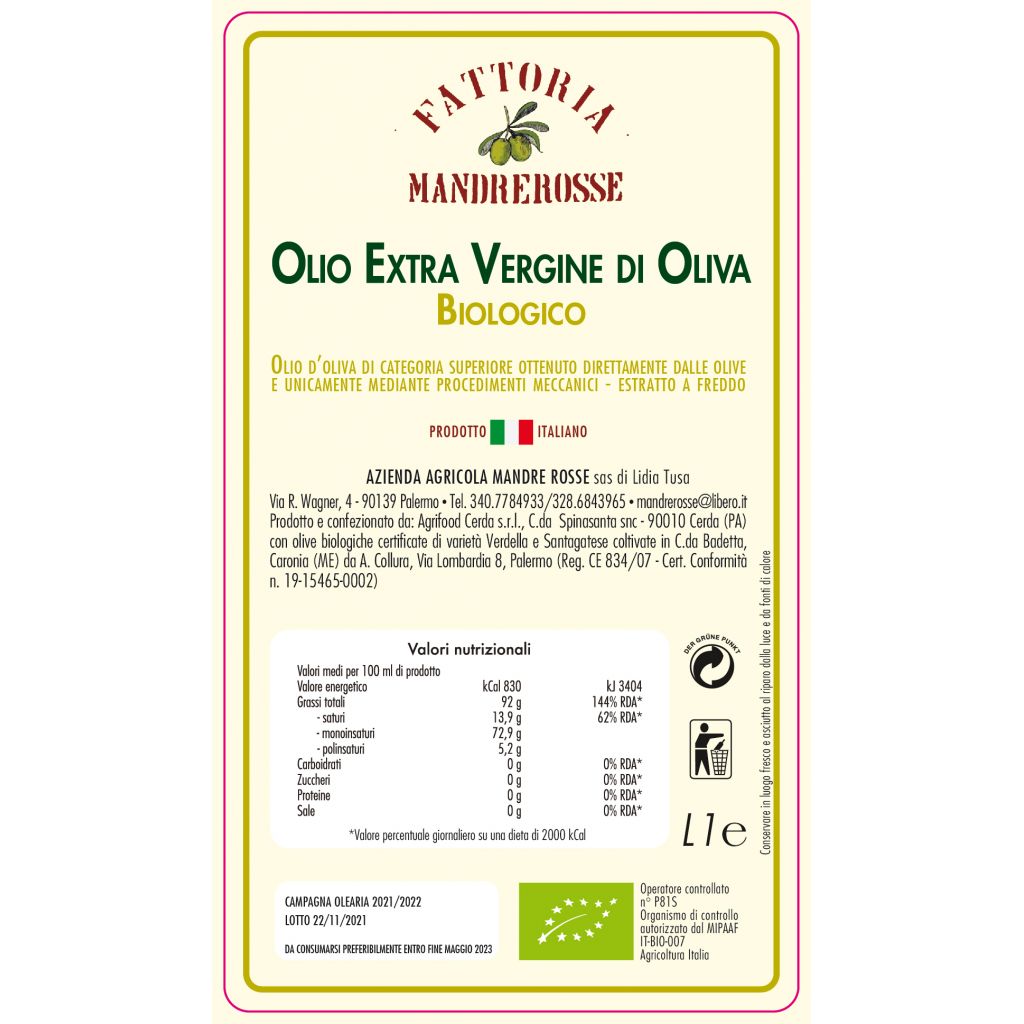 Olio d'oliva biologico L.1
