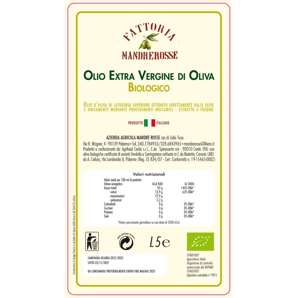 Olio d'oliva biologico L.5