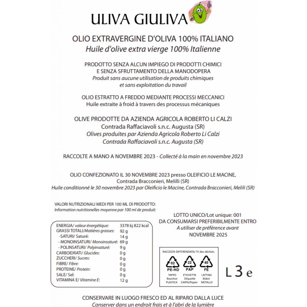 ULIVA GIULIVA- OLIO EXTRA-VERGINE DI OLIVA 2023 latta 3 L