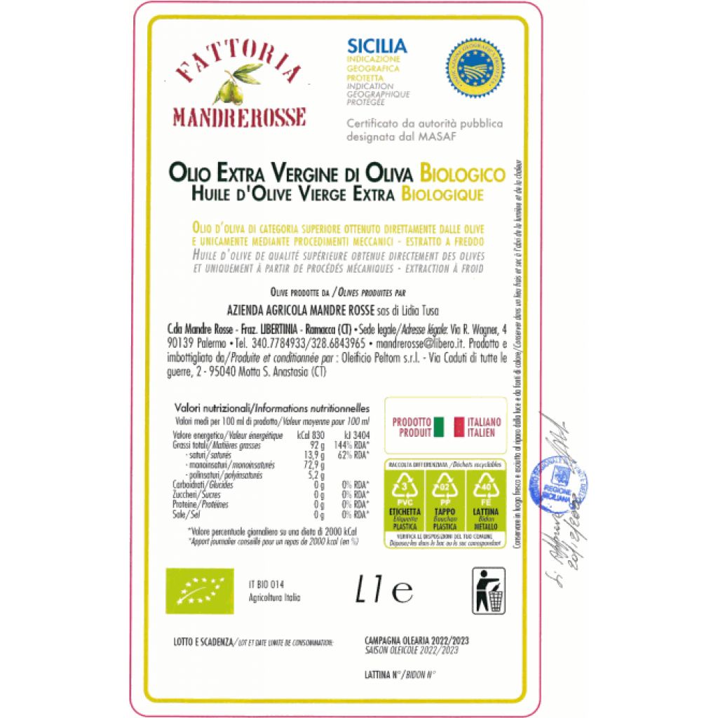 Olio EVO biologico IGP Sicilia 2023 - 1 L