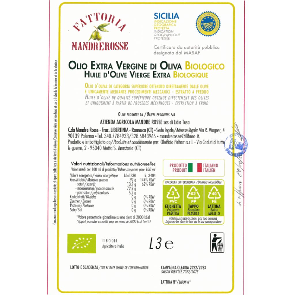 Olio EVO biologico IGP Sicilia 2023 - 3 L