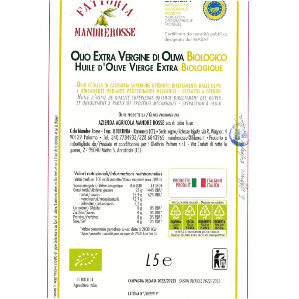 Olio EVO biologico IGP Sicilia 2023 - 5 L